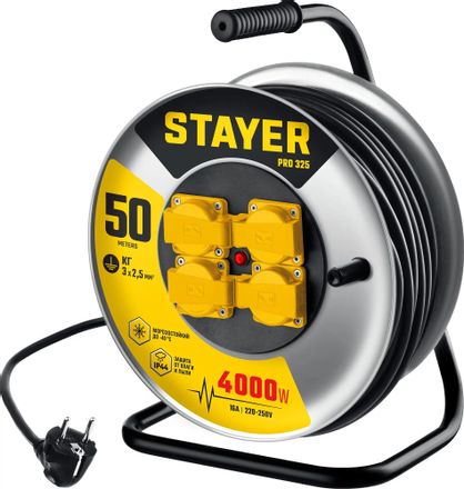 Удлинитель силовой Stayer 55076-50_z01, розеток 4шт, 3x2.5 кв.мм, 50м, КГ, катушка, черный