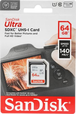 Карта памяти SDXC UHS-I Sandisk Ultra 64 ГБ, 140 МБ/с, Class 10, SDSDUNB-064G-GN6IN