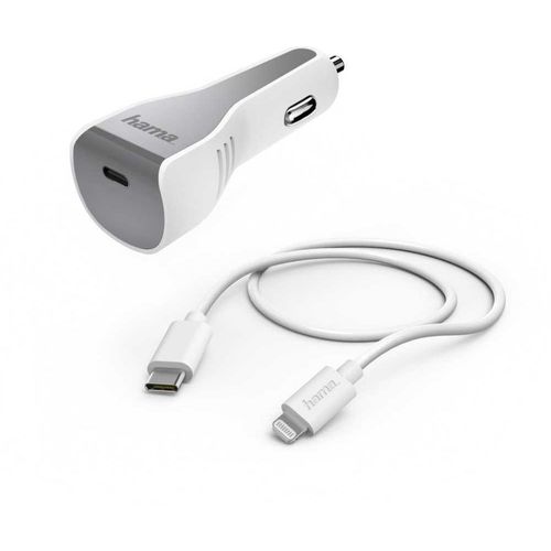 Автомобильное зарядное устройство HAMA H-183317, USB-C, 8-pin Lightning, 30Вт, 3A, белый [00183317]