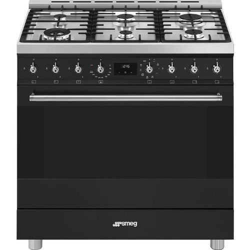 Газовая плита SMEG C9GMMB2, электрическая духовка, без крышки, чугун, черный и серебристый