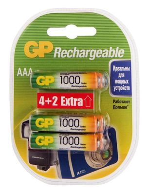 AAA Аккумуляторная батарейка GP Rechargeable 100AAAHC4/2,  6 шт. 1000мAч