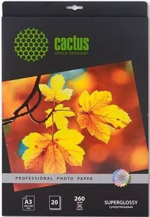 Фотобумага Cactus Prof, A3, для струйной печати, 20л, 260г/м2, белый, покрытие глянцевое [cs-hga326020]