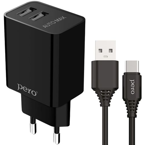 Сетевое зарядное устройство PERO ТС02, 2xUSB-A, USB-C, 10.5Вт, 2.1A, черный [тс02bl2at]