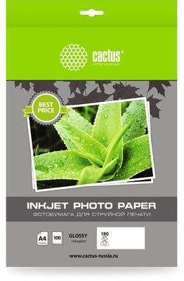 Фотобумага Cactus A4, для струйной печати, 100л, 180г/м2, белый, покрытие глянцевое [cs-ga4180100ed]