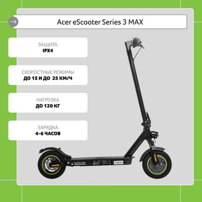 Характеристики Электросамокат Acer ES Series 3 Max AES203, 10000mAh ...