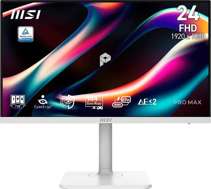 Монитор 23.8" MSI PRO MAX 241PHW E14 IPS 1920x1080, 144 Гц, 4 мс (GtG), 16:9, 300 кд/м², HDMI 2.0b, DisplayPort 1.2a, USB-C (65 Вт), встроенные динамики (2x3 Вт), Flicker Free, Low Blue Light, AMD FreeSync, KVM-переключатель, CEC, регулировка по высоте, поворотная подставка, портретный режим, белый