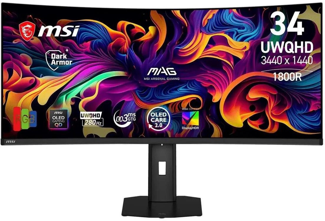 Монитор 34" MSI MPG 341CQP QD-OLED X28 QD OLED 3440x1440, 280 Гц, 0.3 мс, 21:9, DisplayHDR True Black 500, 300 кд/м², изогнутый (1800R), HDMI 2.1 (x2), DisplayPort 1.4a, USB-C (видео), выход на наушники, AMD FreeSync Premium Pro, G-Sync, Low Blue Light, антибликовое матовое покрытие, регулировка по высоте (110 мм), поворот экрана (-30°/+30°), черный