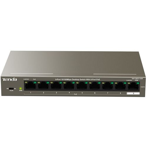 Коммутатор TENDA TEF1109P-8-102W, неуправляемый, 9 RJ-45, 10/100 Мбит/с