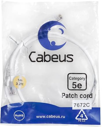 Патч-корд CABEUS вилка RJ-45,  вилка RJ-45,  кат.5E,  ПВХ,  1м,  белый [pc-utp-rj45-cat.5e-1m-wh]