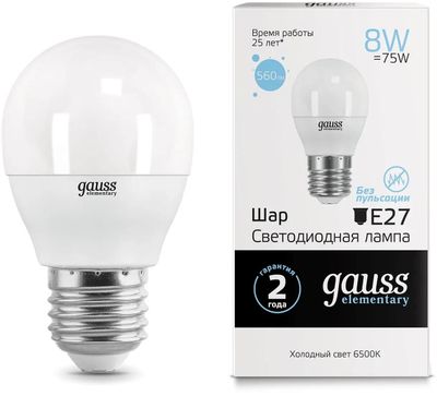 Упаковка ламп LED GAUSS E27,  шар, 8Вт, 10 шт. [53238]