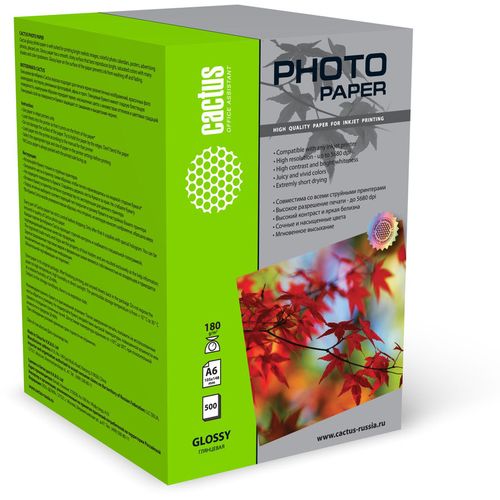 Фотобумага Cactus CS-GA6180500, для струйной печати, 500л, 180г/м2, белый, покрытие глянцевое
