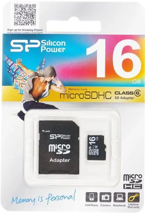 Карта памяти microSDHC Silicon Power 16 ГБ, Class 6, SP016GBSTH006V10-SP, 1 шт., переходник SD