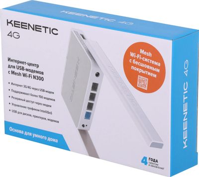Wi-Fi роутер KEENETIC 4G, Wi-Fi 4, N300, 2.4ГГц, 3 LAN, 1xUSB, белый ...