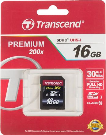 Карта памяти SDHC UHS-I Transcend Premium 16 ГБ, 30 МБ/с, 200X, Class 10, TS16GSDHC10,  1 шт., без адаптера