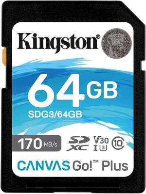 Карта памяти SDXC UHS-I U3 Kingston Canvas Go! Plus 64 ГБ, 170 МБ/с, Class 10, SDG3/64GB,  1 шт., без адаптера
