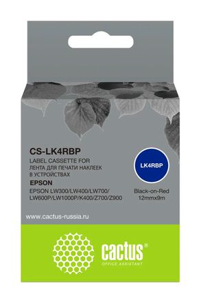 Картридж Cactus CS-LK4RBP, LK-4RBP, 12мм, черный шрифт, красный фон, 9м, CS-LK4RBP