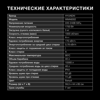 Характеристики Стиральная машина Hyundai WMA6002, с фронтальной ...