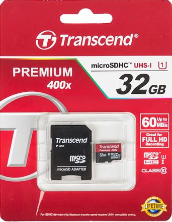 Карта памяти microSDHC UHS-I Transcend 32 ГБ, 60 МБ/с, Class 10, TS32GUSDU1, 1 шт., переходник SD