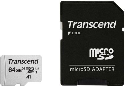Карта памяти microSDXC UHS-I U1 Transcend 64 ГБ, 100 МБ/с, Class 10, TS64GUSD300S-A, 1 шт., переходник SD