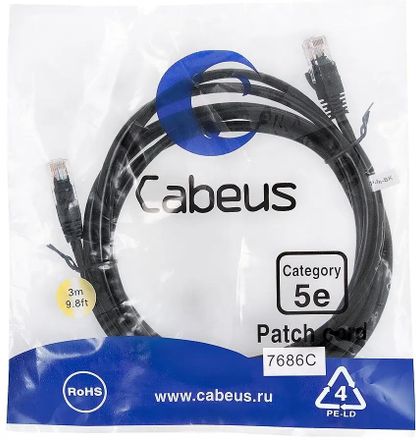 Патч-корд CABEUS вилка RJ-45,  вилка RJ-45,  кат.5E,  ПВХ,  3м,  черный [pc-utp-rj45-cat.5e-3m-bk]