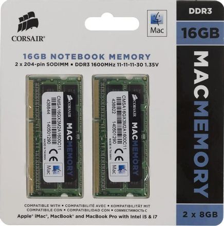 Оперативная память Corsair CMSA16GX3M2A1600C11 DDR3L -  2x 8ГБ 1600МГц, для ноутбуков (SO-DIMM),  Mac Memory,  Ret