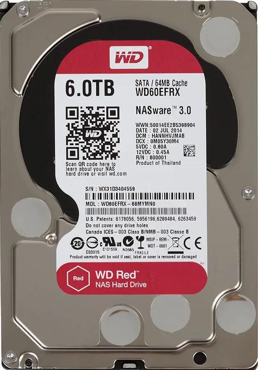 Жесткий диск WD Red WD60EFRX, 6ТБ, HDD, SATA III, 3.5