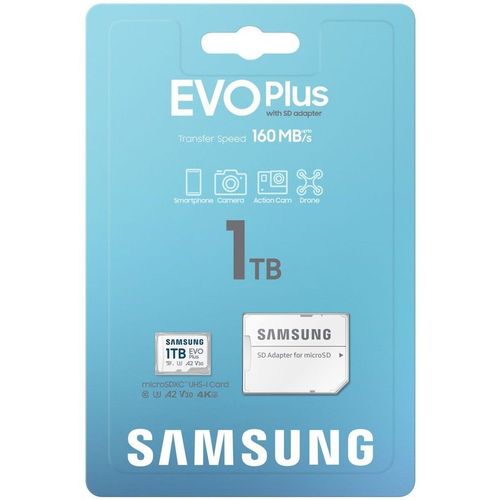 Карта памяти microSDXC UHS-I U3 Samsung EVO Plus 1024 ГБ, 160 МБ/с, Class 10, MB-MC1T0SA, 1 шт., переходник SD