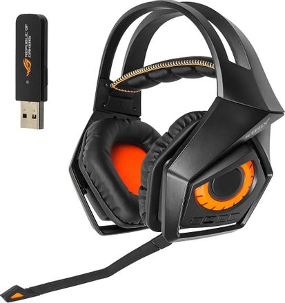 Гарнитура игровая ASUS ROG Strix Wireless,  для компьютера и игровых консолей, мониторные,  радио, черный [90yh00s1-b3ua00]