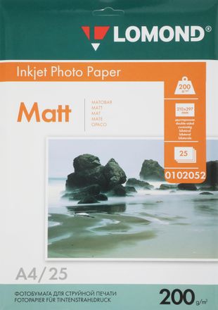 Фотобумага Lomond A4, для струйной печати, 25л, 200г/м2, белый, покрытие матовое /матовое [0102052]