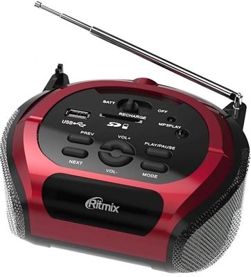 Аудиомагнитола Ritmix RBB-100BT,  красный и черный
