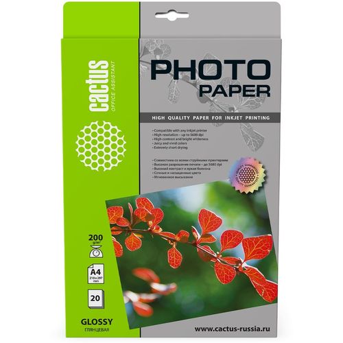 Фотобумага Cactus CS-GA420020, A4, для струйной печати, 20л, 200г/м2, белый, покрытие глянцевое