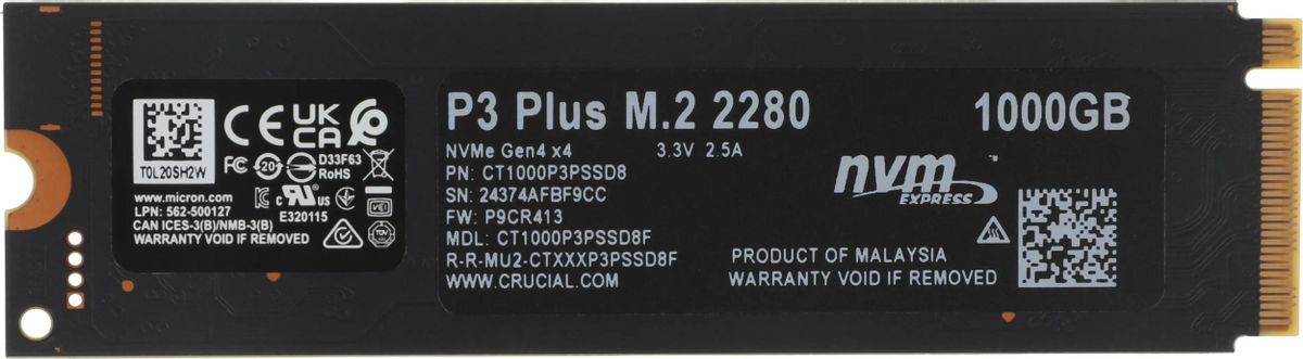 SSD накопитель Crucial P3 Plus CT1000P3PSSD8 1ТБ, M.2 2280, PCIe