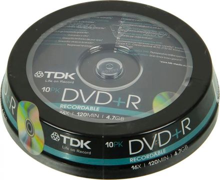 Оптический диск DVD+R TDK 4.7ГБ 16x, 10шт., cake box [t19442]