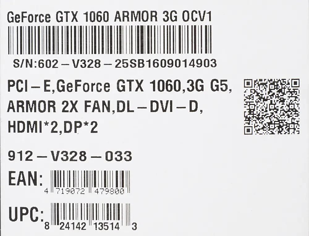 MSI NVIDIA GeForce GTX 1060 GeForce GTX 1060 ARMOR 3G OCV1 3 GDDR5 OC Ret 395456