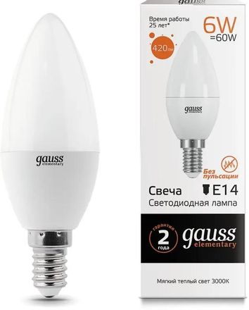 Лампа LED GAUSS E14,  свеча, 6Вт, одна шт. [33116]