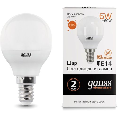 Упаковка ламп LED GAUSS E14, шар, 6Вт, 10 шт. [53116]