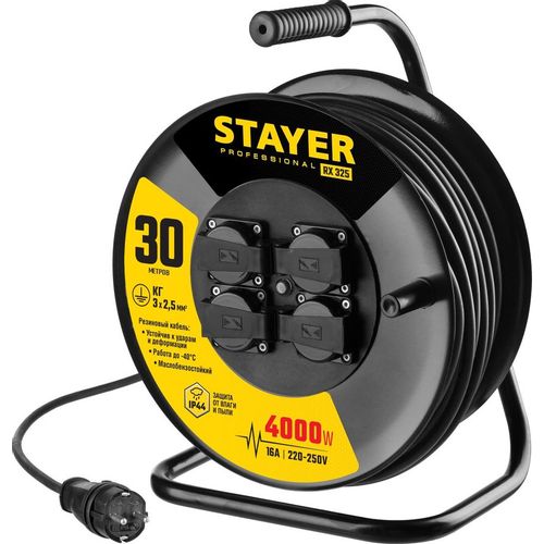 Удлинитель силовой Stayer 55076-30_z01, розеток 4шт, 3×2.5 кв.мм, 30м, КГ, катушка, черный