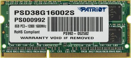 Оперативная память Patriot PSD38G16002S DDR3 - 1x 8ГБ 1600МГц, для ноутбуков (SO-DIMM), Ret