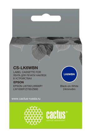 Картридж Cactus CS-LK6WBN, LK-6WBN, 24мм, черный шрифт, белый фон, 9м, CS-LK6WBN