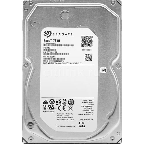 Жесткий диск Seagate Exos 7E10 ST4000NM000B, 4ТБ, HDD, SATA III, 3.5″, 7200об/мин