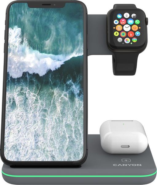 Беспроводное зарядное устройство Canyon CNS-WCS303DG,  USB-A,  USB-C, 15Вт, 2.77A, темно-серый