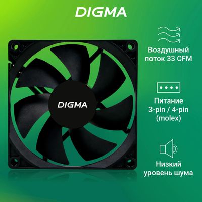 Вентилятор Digma DFAN-90 90мм, 3-pin, от БП:4-pin (Molex), 1800об/мин ...