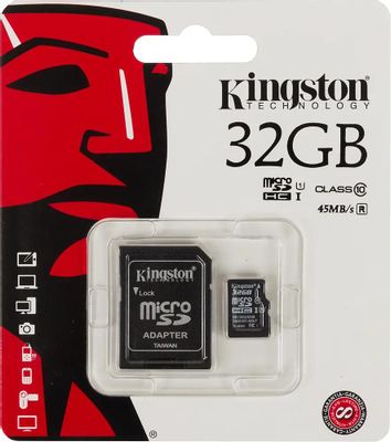 Карта памяти microSDHC Kingston 32 ГБ, 45 МБ/с, Class 10, SDC10G2/32GB,  1 шт., переходник SD