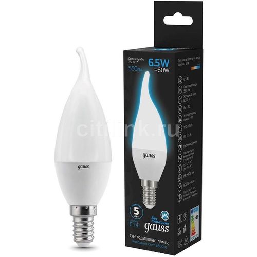 Упаковка ламп LED GAUSS E14, свеча на ветру, 6.5Вт, 104101307, 10 шт. — цена и наличие Упаковка ламп LED GAUSS E14, свеча на ветру, 6.5Вт, 104101307, 10 шт.