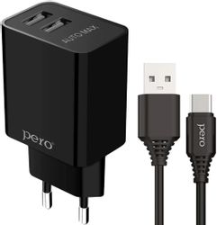 Изображение товара Сетевое зарядное устройство PERO ТС02,  2xUSB-A,  USB-C, 10.5Вт, 2.1A, черный [тс02bl2at]