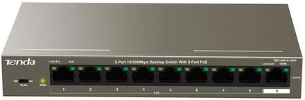 Коммутатор TENDA TEF1109P-8-102W, неуправляемый, 9 RJ-45, 10/100 Мбит/с