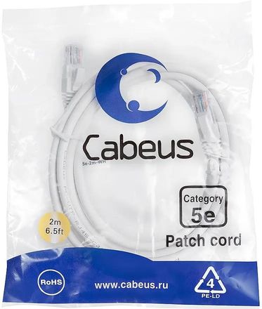 Патч-корд CABEUS вилка RJ-45,  вилка RJ-45,  кат.5E,  ПВХ,  2м,  белый [pc-utp-rj45-cat.5e-2m-wh]