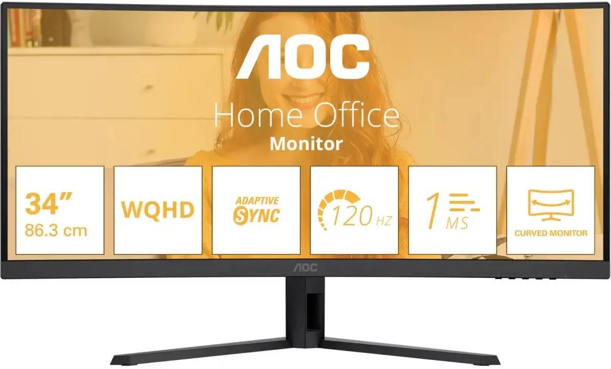 Монитор 34" AOC CU34B3E VA 3440x1440, 120 Гц, 4 мс, 21:9, 300 кд/м², HDMI, DisplayPort, изогнутый экран, Flicker Free, Low Blue Light, черный