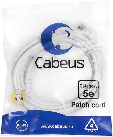 Патч-корд CABEUS вилка RJ-45,  вилка RJ-45,  кат.5E,  ПВХ,  3м,  белый [pc-utp-rj45-cat.5e-3m-wh]