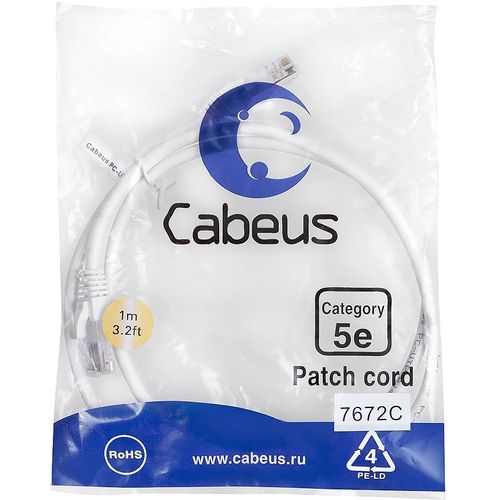 Патч-корд CABEUS вилка RJ-45, вилка RJ-45, кат.5E, ПВХ, 1м, белый [pc-utp-rj45-cat.5e-1m-wh]